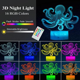 POSSHE Octopus Night Light, 3D Illusion Night Light Lamp, Octopus Stuff with 16 Colors Changing, Timer, 4 Flash Modes and Dimmable, Kids Room Decoration, Xmas Gifts