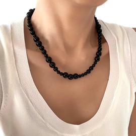 UNITARY Black Onyx Agate Strand Necklace for Women, Handmade Beaded Choker Necklace for Men, Fashion Hand-knotted Natural Round Gemstone