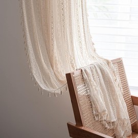 JOOJA 63 inch Length 2 Panels Set Rod Pocket Farmhouse Beige Crochet Semi Sheer Lace Boho Curtains, Vintage Cotton Tassel Window Treatment for Bedroom Living Room 59x63