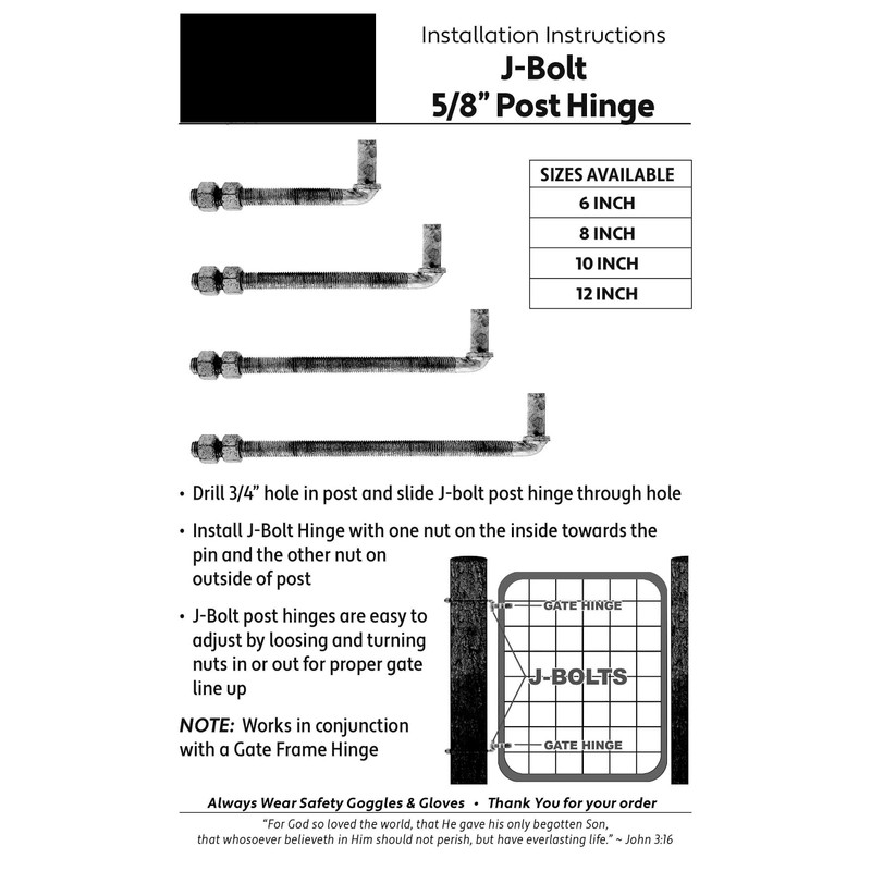 J-Bolt Hinge - 12" Post Hinge with 5/8" Male Pin