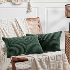 FDTERN Set of 2 Dark Green Corduroy Christmas Cushion Covers, 30 x 50 cm, Soft Decorative Cushion Covers, Sofa Cushion, Boho Decoration for Sofa, Bedroom, Living Room