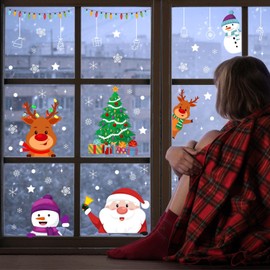 WALPLUS Christmas Window Stickers Clings Xmas Decoration Sale Clearance Reusable Double-Sided Print Decals for Glass Living Room Windows Display Home Décor Peeking Santa and Friends 55 Pieces