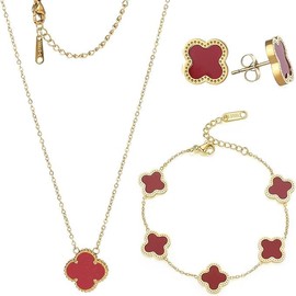 Lucky Clover Necklace Pendant Earring Bracelet Set 18k Gold Plated Earring Necklace Pendant for Women Cute Simple Fashion Jewelry Womens Girls Gift (Red)