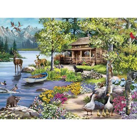 Bits and Pieces - 500 Piece Jigsaw Puzzle for Adults 18" x 24" - Cabin by The Lake - 500 pc Lake Mountain Flower Duck Moose Deer Tree Bird Nature Jigsaw by Artist The Macneil Studio