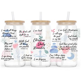 Christian Bible Verse UV DTF Glass Cup Wrap Transfer - UVDTF Christian Affirmations Desgin - Decal for 16oz Glass Cups, DIY Crafts Gifts for Christian woman -3PCS