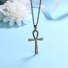 Jewmon Ankh Cross Necklace for Wome Men Black Gold Plated Over 925 Sterling Silver Ancient Ankh Key of Life Necklace Ankh Jewelry Christmas Gifts for Mom Daughter FP0120K