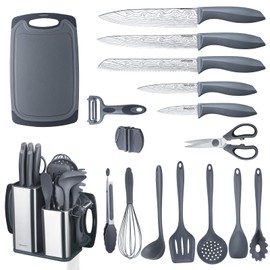 RAXCO 18 en1 utensilios de cocina, juego y soporte de cuchilde de cocina de acero inoxidable, tijeras y pelador de utilidad, gris                     