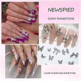 NEWSPIED Silver Bow Nail Charms 32Pcs 3D Alloy Bow Charms for Nails Decoration Mini Butterfly Nail Rhinestone and Gems Sparkling Metal Design Bowknot Nail Art Charms DIY Acrylic Nail Supply Decoration