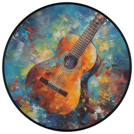 OMFUNS Music Guitar Round Area Rug Bedroom 3 Ft, Oil Painting Circle Floor Mat Non-Slip Washable Accent Throw Rugs Carpet for Living Room Kids Room Nursery Entryway Laundry