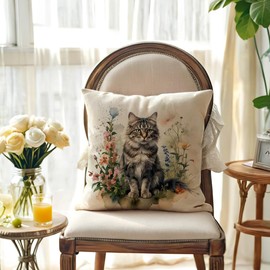 JAERUE Cat Decorative Throw Pillow Cover with Floral Farmhouse Decor Pillow Cases for Sofa Couch Porch Patio Spring Summer Cushion Covers,18 x 18 inches (Grey)