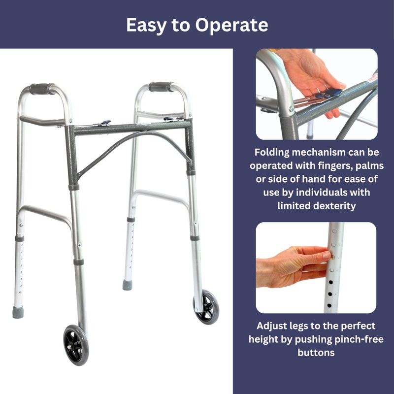 Foldable Lightweight Two Button Walker with 5” Wheels, Includes Ski