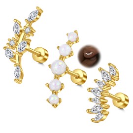 AVYRING Flat Back Studs for Women - 16G Stainless Steel Cartilage Earrings with Leaf, Opal and Zirconia Design for Helix, Tragus, Daith & Conch Piercings, Silver & Gold, Stainless Steel