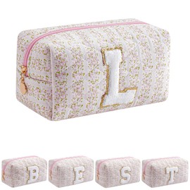 JOVAKIT Alphabet Makeup Bag Cosmetic Bag for Women, Christmas Gifts for Girls Age 6-18, Floral Flowers Coquette Travel Toiletry Zipper Make Up Pouch Organizer Trendy Stuff (Pink Floral L)