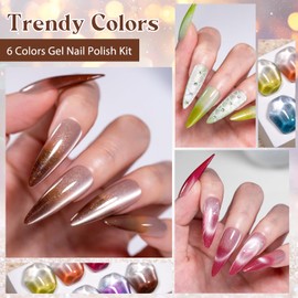 MEET ACROSS Gel Nail Polish Set, 6 Colors Cat Eye Shimmer Collection, 7ml/0.24fl.oz Each, UV LED Soak Off (Set-4, 6pcs)