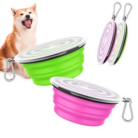 Pawaboo Collapsible Dog Bowls 2 Pack, Silicone Feeding Watering Bowls with Lids & Carabiners for Dogs Cats, Portable Water Feeder Food Bowl for Walking Traveling Home Use, Pink + Green