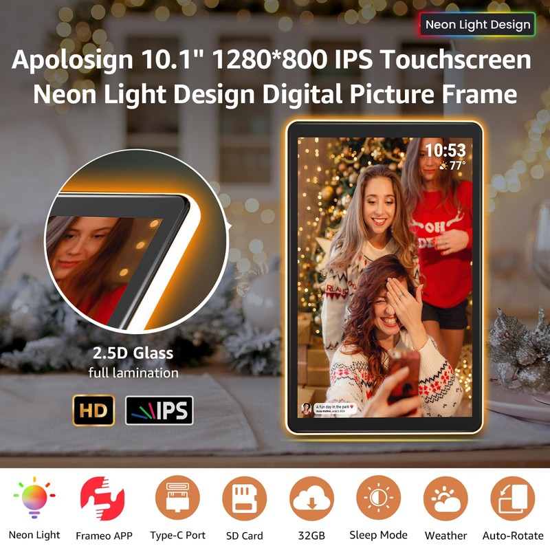 ApoloSign Neon Light Digital Picture Frame - 10.1" HD Display