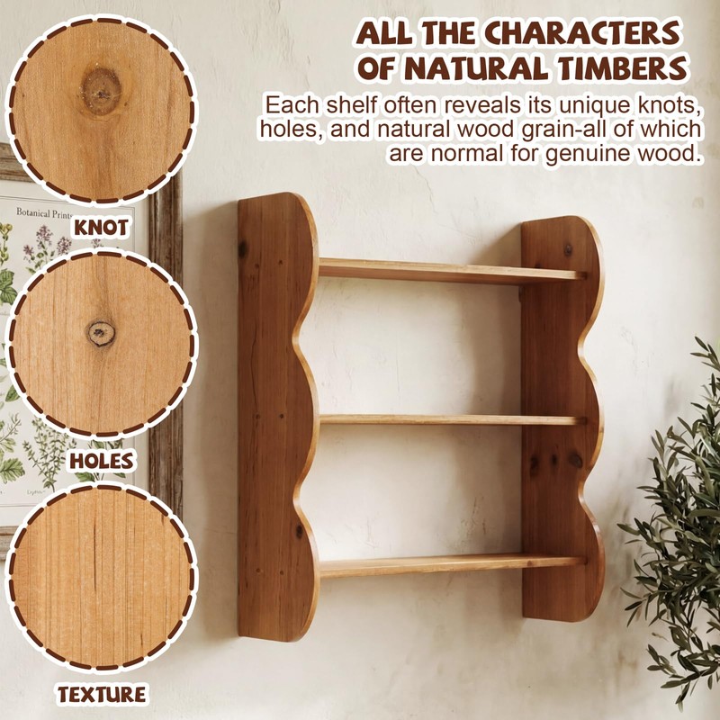 Cinnvoice 2 Pcs Solid Wood Wall Shelf 3-Tier Rustic Floating