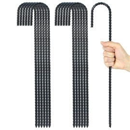 16 Inch Ground Rebar Stakes, J Hook Extra Heavy Duty Rust Proof Coated Steel Ground Anchors with Chisel Point End for Camping Tent and Canopy Tent (16)