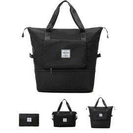 NWLR Large Capacity Folding Travel Bag Lightweight Waterproof Foldable Travel Duffel Bag Weekender Overnight Bag Shoulder Bag with Dry and Wet Pocket Gym Tote Bag (Black)