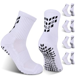 GOGOGOAL Non-slip Grip Football Soccer Socks Men Women Cushioned Breathable Cotton Anti-slip Sports Crew Trainer Socks for Rugby Pilates 9-12 White L 4 Pair
