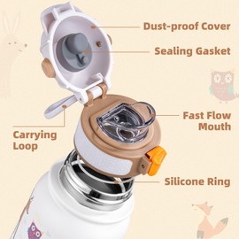 OLDLEY Kids Water Bottle 12oz Insulated Water bottle, Double Wall Stainless Steel Vacuum Bottle, Leak-Proof Sport Bottles for School Boys Girls, White Animal