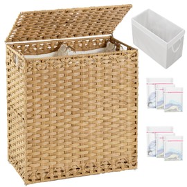 SETVSON Laundry Hamper with Lid Wicker Laundry Basket 112 L (29.6 Gal) Laundry Hampers Handwoven Rattan Laundry Hamper with Handles 3 Removable Laundry Bag, 6 Mesh Bags for Bathroom Bedroom Natural