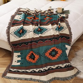 Western Throw Blankets Aztec Blanket with Tassels Reversible Southwest Navajo Throw Blanket for Couch Chair Sofa Bed Outdoor Beach Travel 63"x51"