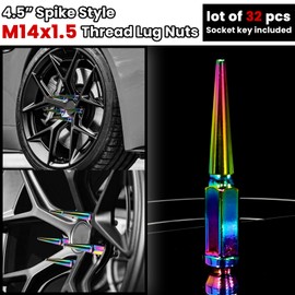 M14 x 1.5 Wheel Spike Lug Nuts 32Pcs Neo Chrome Solid 4.4" Tall Acorn Lug Nut with 1 Socket Key Replacement for Silverado 1500 2500 3500 for Ford F-150 F-250 F-350 etc.
