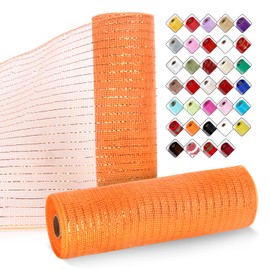 ICOSHOW 2 Rolls Mesh Ribbon for Wreaths 10 Inch x 30 Foot Wreath Mesh Rolls with Metallic Foil for Easter Christmas Party Wedding Home Decor DIY Craft Projects and Gift Wrapping (Orange)