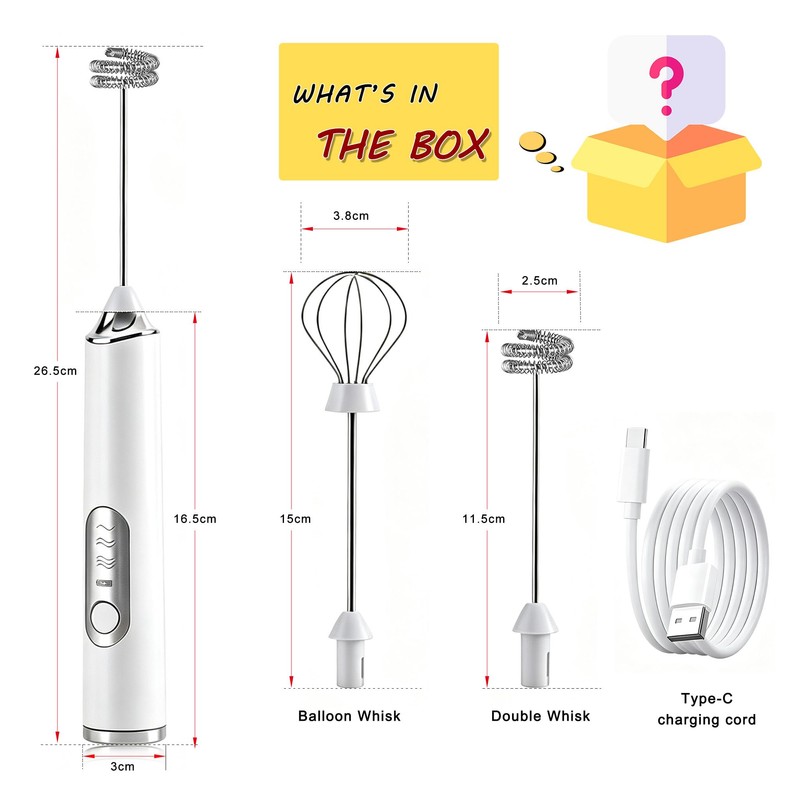 Milk Frother Handheld, Rechargeable Coffee Frother Wand with 2 Stainless