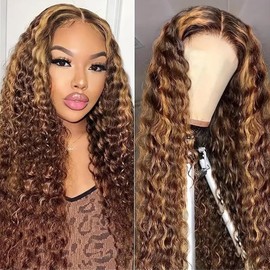 YOOLOOT Highlight Deep Wave 5x5 HD Lace Closure Wigs Human Hair Glueless P4/27 Ombre Lace Closure Wig for Black Women 180 Density Honey Blonde Closure Wigs Pre Plucked 28 Inch