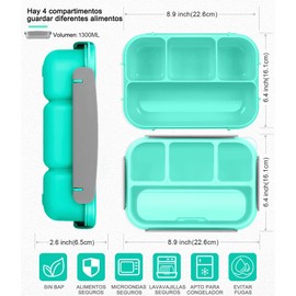 1300 ml Bento Box,Lonchera para Adultos/Niños,Caja de almuerzo con cuchara y cubiertos,4 Compartimentos,Apto para Microondas,Lavavajillas y Congelador,Sin BPA(Verde)