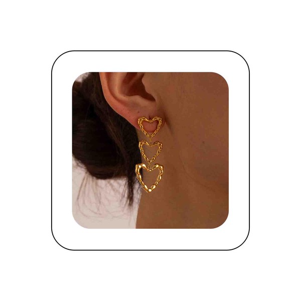 Dervivea Bohemia Gold Heart Dangle Earrings Hollow Heart Earrings Hammered