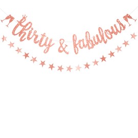 Women 30th Birthday Banner Rose Gold Glitter Thirty & Fabulous Banner 30th Banner 30th Birthday Party Banner by Wonsta