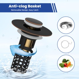 Hygie Rinse Upgraded 3 in 1 Bathroom Sink Stopper Universal Pop Up Sink Drain Strainer, with Removable Stainless Steel Filter Basket Hair Catcher, for 1.1''~2.36'' Basin Hole, Oil Rubbed Bronze