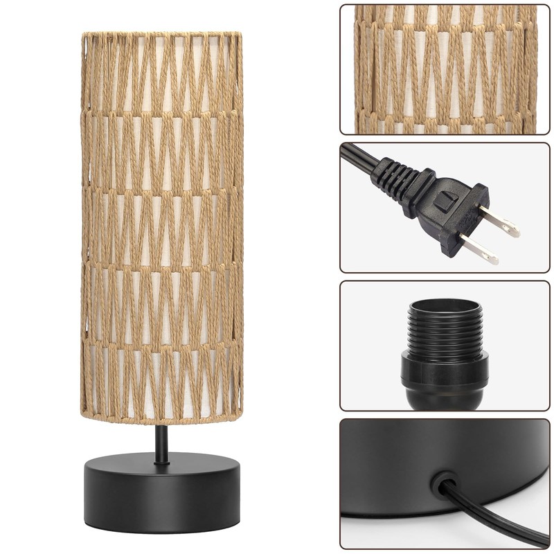 Rattan Table Lamp, Touch Control Bedside Table Lamp with Black