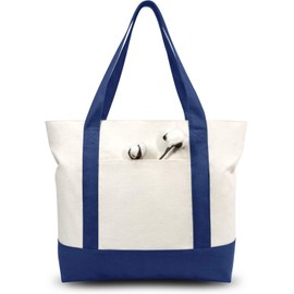 TOPDesign 3-Pack Stylish Canvas Tote Bag with an External Pocket, Top Zipper Closure, Daily Essentials (Blue/Natural)