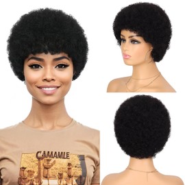 Fereowth Short Afro Kinky Curly Human Hair Wigs for Women,Short Pixie Cut Natural Looking Glueless Hair Wig Full and Fluffy No Lace Wig Black Color 1B