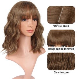 VCKOVCKO Light Brown Curly Bob Wig With Air Bangs Natural Curly Wavy Short Bob Women's Shoulder Length Wigs Synthetic Cosplay for Girl (Light Brown)