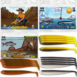 Paradox Fishing Zander rubber fish set, gold digger, goby and penguin, 5 pieces, 15 pieces, 13 cm, zander bait, rubber fish set