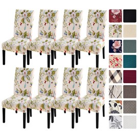 SearchI Dining Room Chair Covers Slipcovers Set of 8, Spandex Super Fit Stretch Removable Washable Kitchen Parsons Chair Covers Protector for Dining Room,Hotel,Ceremony(Beige+Flowers)
