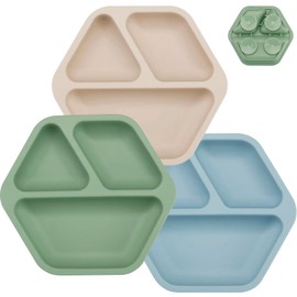 PandaEar 3 Pack Toddler Plates, Hexagon Divided Suction Plates for Baby, 100% Food Grade Silicone Baby Plates, Non-Slip, Baby Led Weaning Supplies, Microwave & Dishwasher Safe