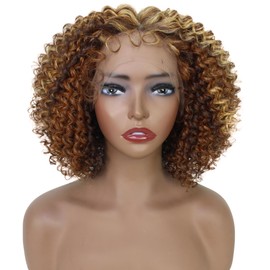 LUXLUXE Dionne 11.5” Mid-part HD Lace Front Short Curly Natural Looking Wig With Pre-cut Baby Hair, Heat Resistant Fibers (Auburn Brown Blend)