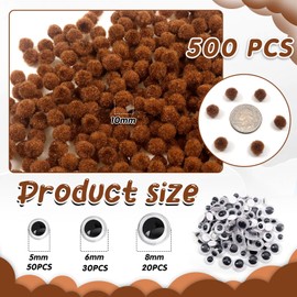 TOAOB 500pcs Pom Poms 1cm Craft Pom Poms Brown Fuzzy Pompoms Balls Arts and Crafts Supplies with Googly Wiggle Eyes for DIY Crafts Projects Home Decorations