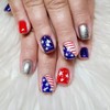 24Pcs Independence Day Press on Nails Short Square Fake Nails with Star American Flag Design Patriotic Acrylic Nails Glitter Silver Red Blue Full Cover 4th of July False Nails Cute Stick on Nails Set