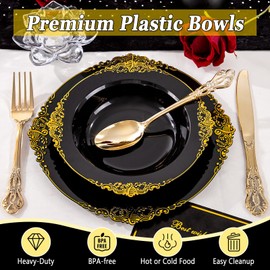 Joyido 100PCS Black Plastic Bowls - 12 oz Black Gold Disposable Salad Bowls - Heavy Duty Soup Serving Bowl - Fancy Plastic Candy Bowl for Weddings, Parties, Dinners, Catering, Picnics
