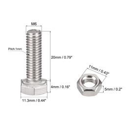 sourcing map M6 x 20mm Hex Head Screws Bolts, Nuts, Flat & Lock Washers Kits, 304 Stainless Steel Fully Thread Hexagon Bolts 6 Sets
