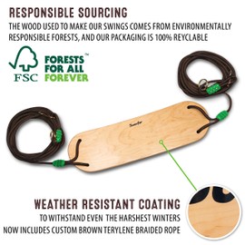 Swurfer Sway Premium Coated Maple Wood Swing for Tree, Kids Swing with Strong Braided Rope - Holds Up to 150 Pounds, Brown