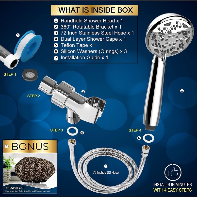 FREZZEL High Pressure Shower Head With Handheld Spray 6 Settings