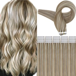 RUNATURE Tape in Hair Extensions Human Hair Ash Brown Highlight Platinum Blonde Tape in Human Hair Extensions Highlight Remy Tape on Extensions 12 Inch 30g